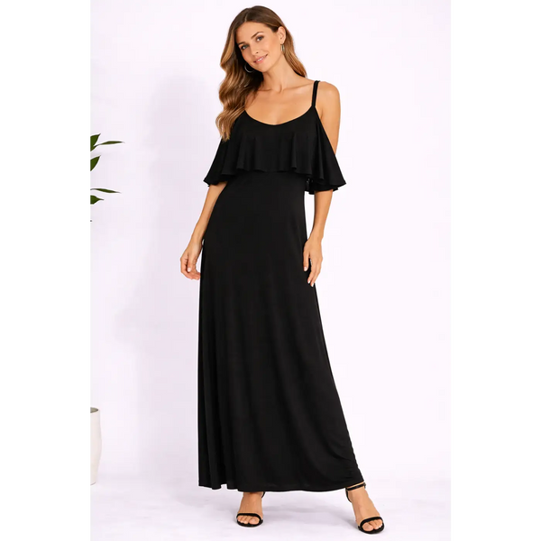 Black Cold Shoulder Ruffle Maxi Dress – Flowy Strap Elegant Dress - Women’s Dress