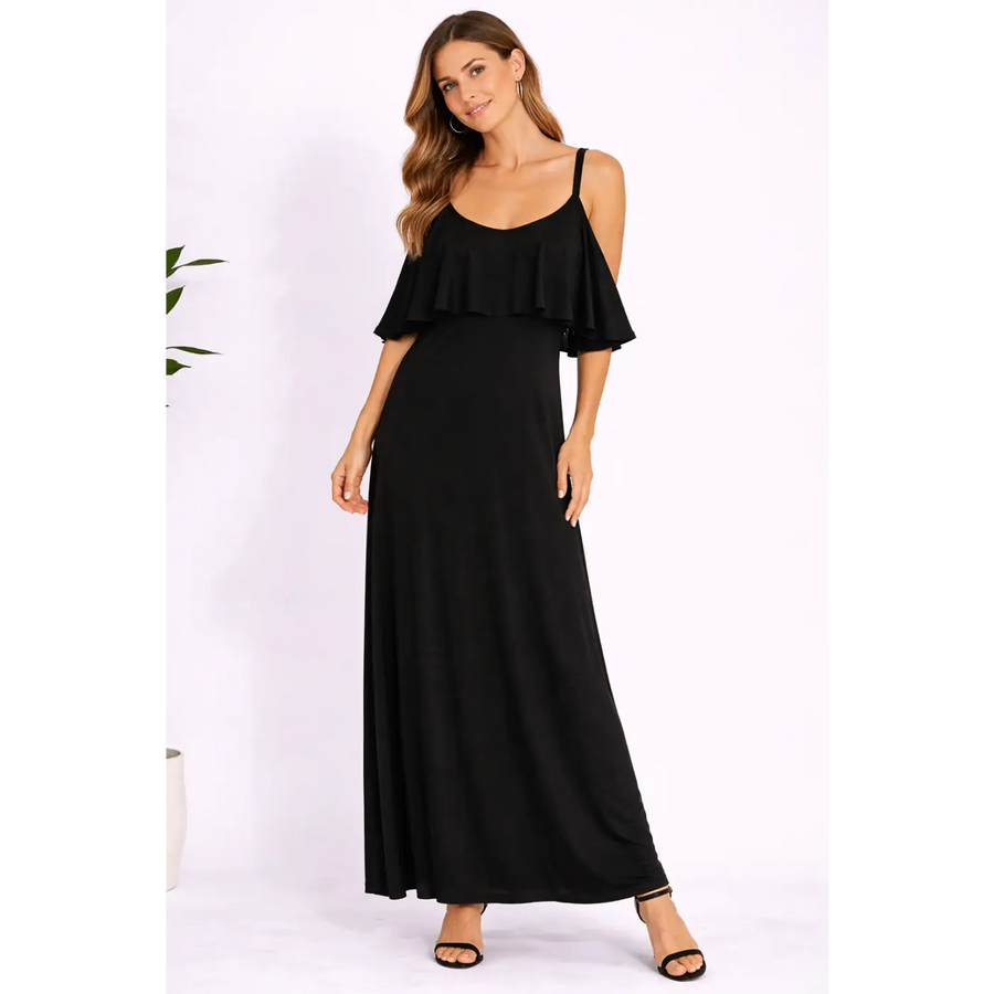 Black Cold Shoulder Ruffle Maxi Dress – Flowy Strap Elegant Dress - Women’s Dress