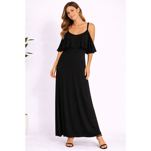 Black Cold Shoulder Ruffle Maxi Dress – Flowy Strap Elegant Dress - Women’s Dress