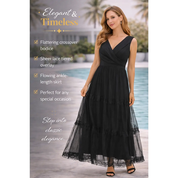 Black Crossover Lace Tiered Maxi Dress – Elegant Sleeveless Evening Dress - Women’s Dress