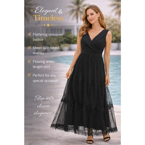 Black Crossover Lace Tiered Maxi Dress – Elegant Sleeveless Evening Dress - Women’s Dress