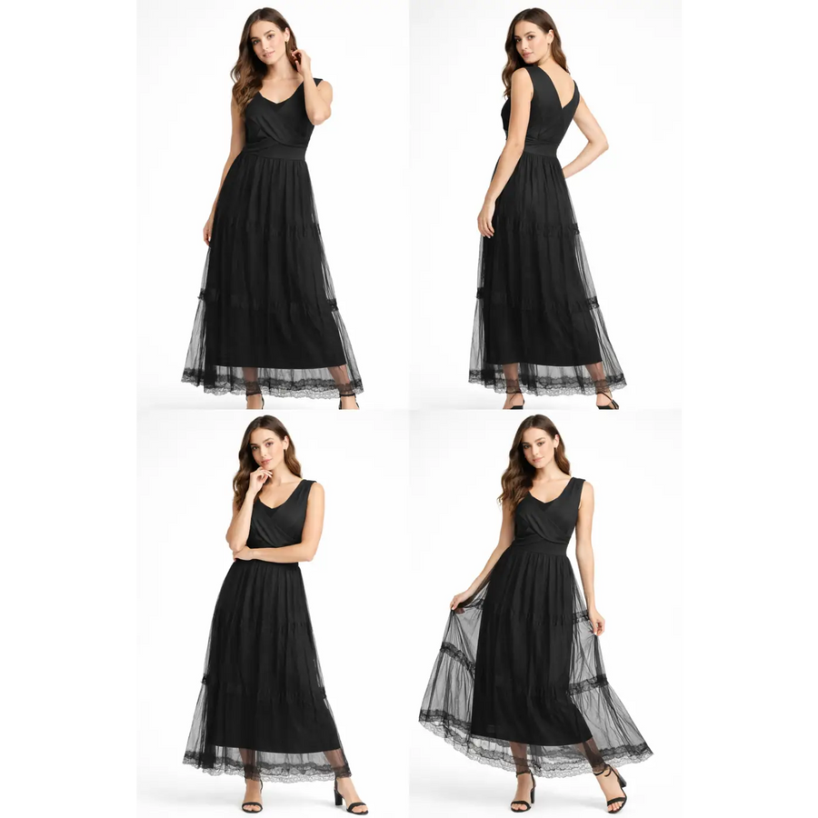 Black Crossover Lace Tiered Maxi Dress – Elegant Sleeveless Evening Dress - Women’s Dress