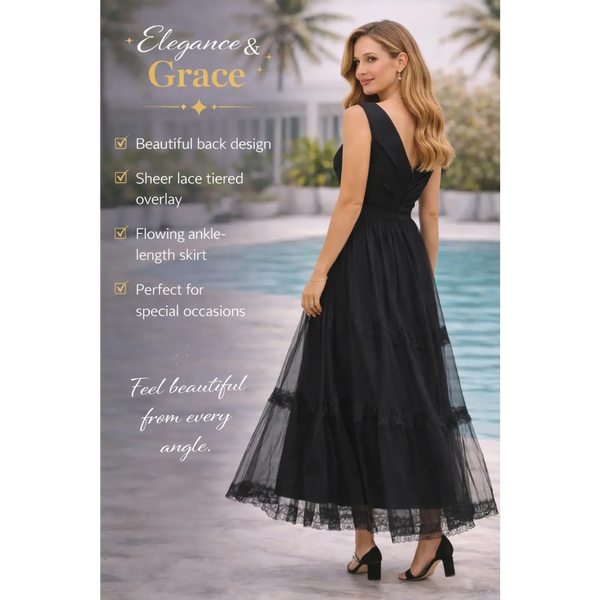 Black Crossover Lace Tiered Maxi Dress – Elegant Sleeveless Evening Dress - Women’s Dress