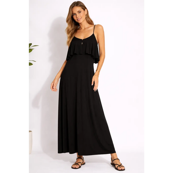Black Flowy Maxi Dress – Spaghetti Strap Ruffle Layer Dress - Women’s Dress