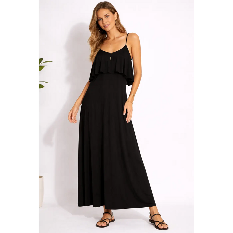 Black Flowy Maxi Dress – Spaghetti Strap Ruffle Layer Dress - Women’s Dress