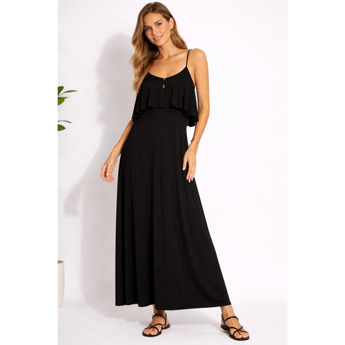 Black Flowy Maxi Dress – Spaghetti Strap Ruffle Layer Dress - Women’s Dress