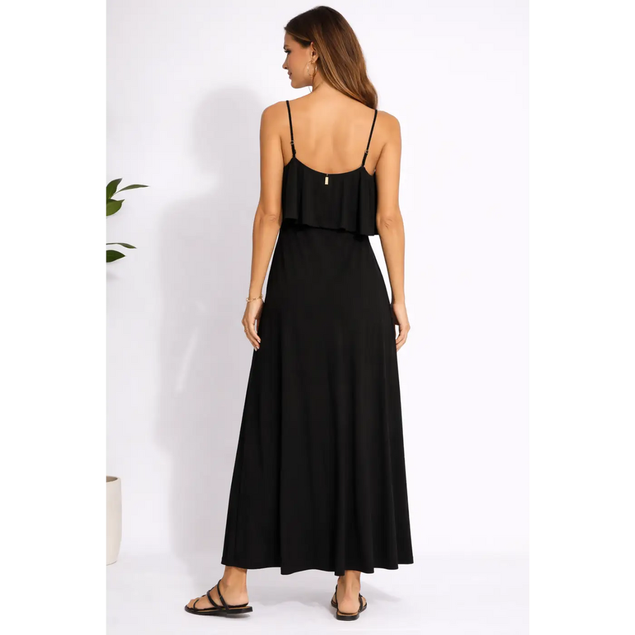 Black Flowy Maxi Dress – Spaghetti Strap Ruffle Layer Dress - Women’s Dress