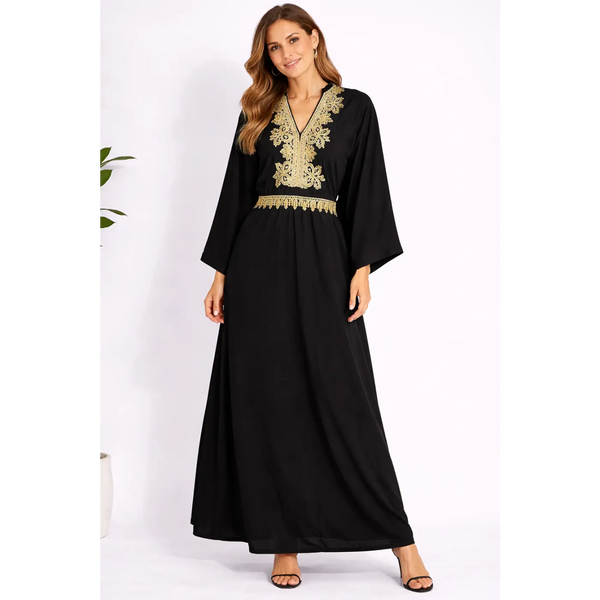 Black & Gold Embroidered Kaftan Maxi Dress – Elegant Boho Luxe Dress - Women’s Dress