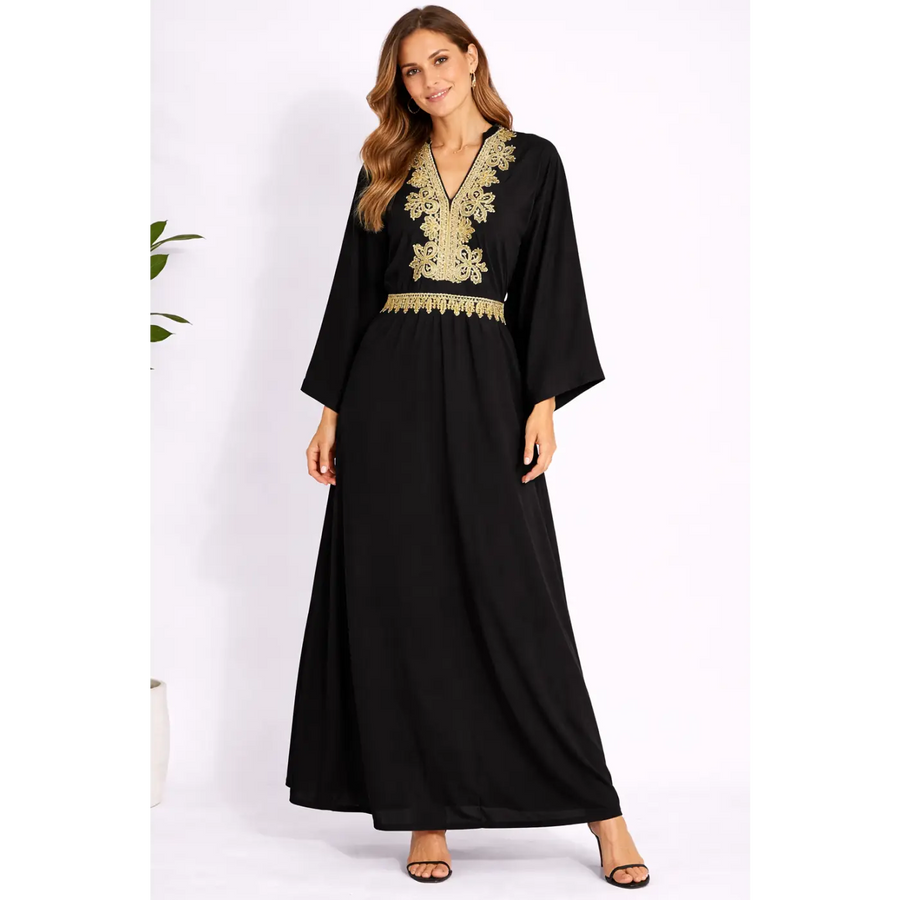 Black & Gold Embroidered Kaftan Maxi Dress – Elegant Boho Luxe Dress - Women’s Dress