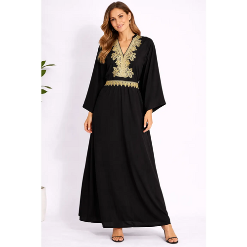 Black & Gold Embroidered Kaftan Maxi Dress – Elegant Boho Luxe Dress - Women’s Dress