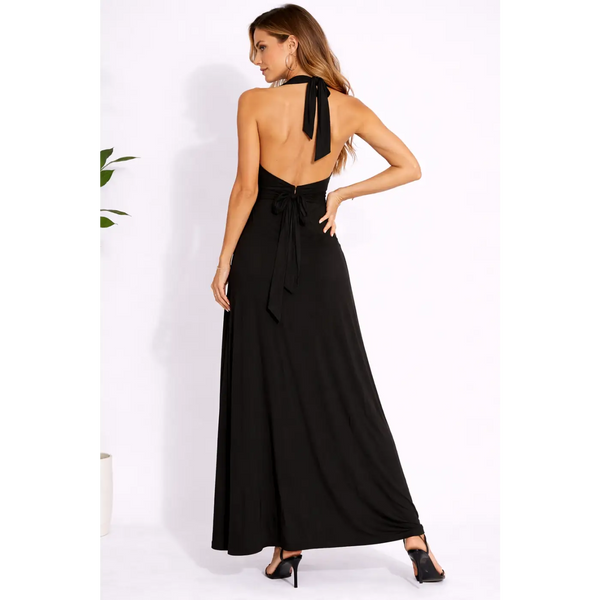 Black Halter Maxi Dress – Backless Tie Waist Elegant Evening Dress - Women’s Dress