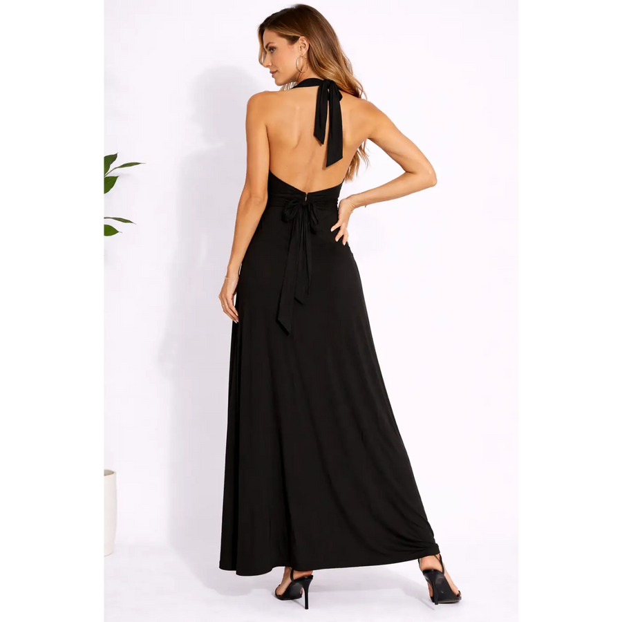 Black Halter Maxi Dress – Backless Tie Waist Elegant Evening Dress - Women’s Dress