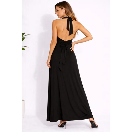 Black Halter Maxi Dress – Backless Tie Waist Elegant Evening Dress - Women’s Dress