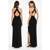 Black Halter Neck Backless Maxi Dress – Elegant Ruched Evening Gown with Slit - Women’s Dress