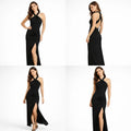 Black Halter Neck Backless Maxi Dress – Elegant Ruched Evening Gown with Slit - Women’s Dress