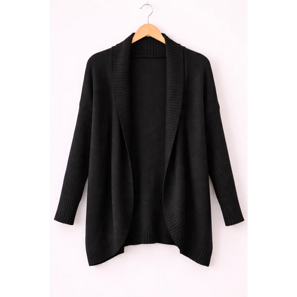 Black Hooded Open Front Knit Cardigan - Women’s Cardigan