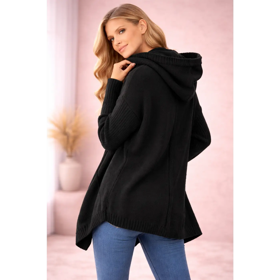 Black Hooded Open Front Knit Cardigan - Women’s Cardigan