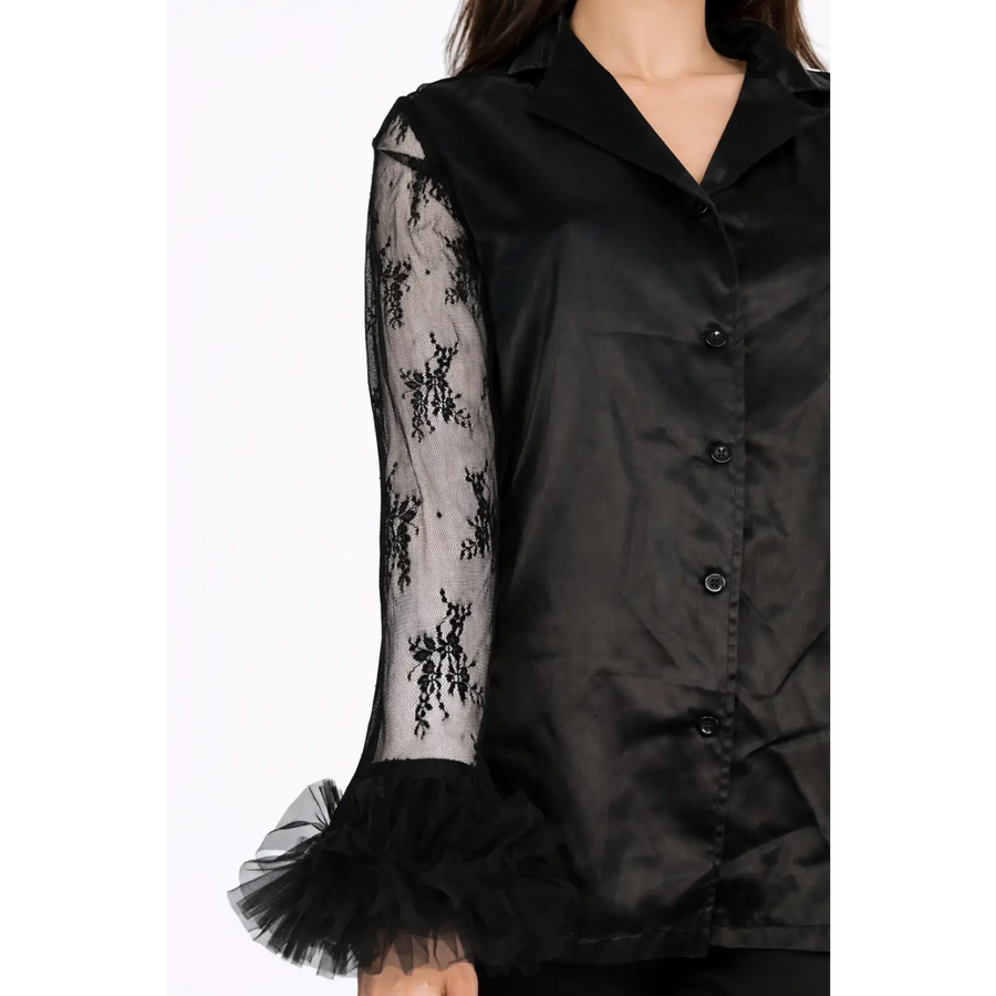 Black Lace Sheer Pants Set with Satin Shorts & Top