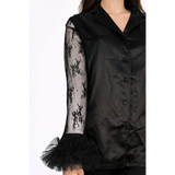Black Lace Sheer Pants Set with Satin Shorts & Top