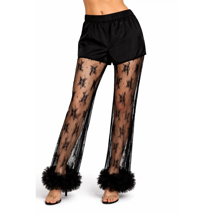 Black Lace Sheer Pants Set with Satin Shorts & Top