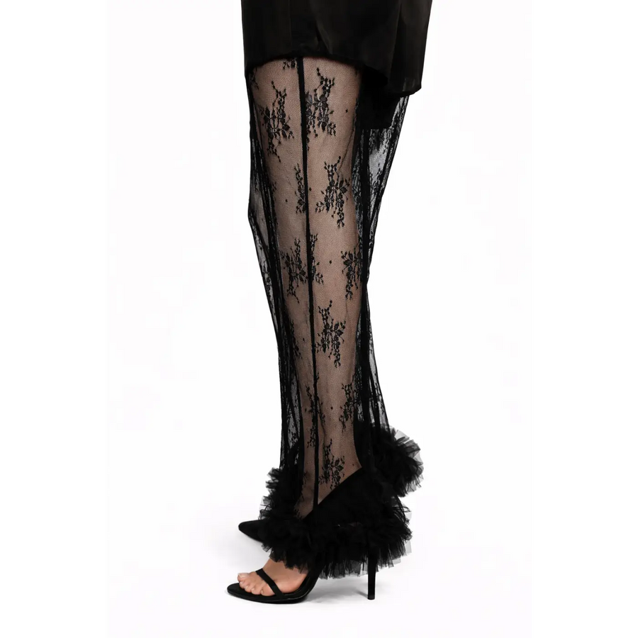 Black Lace Sheer Pants Set with Satin Shorts & Top