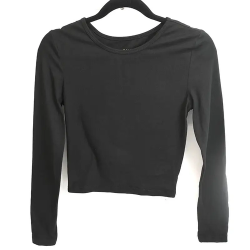 Black Long Sleeve Fitted Crop Top, Round Neck