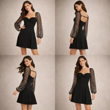 Black Mini Dress with Sheer Glitter Sleeves – Elegant Sweetheart Neck A-Line Dress - Women’s Dress