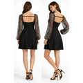 Black Mini Dress with Sheer Glitter Sleeves – Elegant Sweetheart Neck A-Line Dress - Women’s Dress