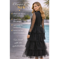 Black Pearl Sheer Sleeve Tiered Tulle Dress – Elegant Keyhole Midi Dress - Women’s Dress