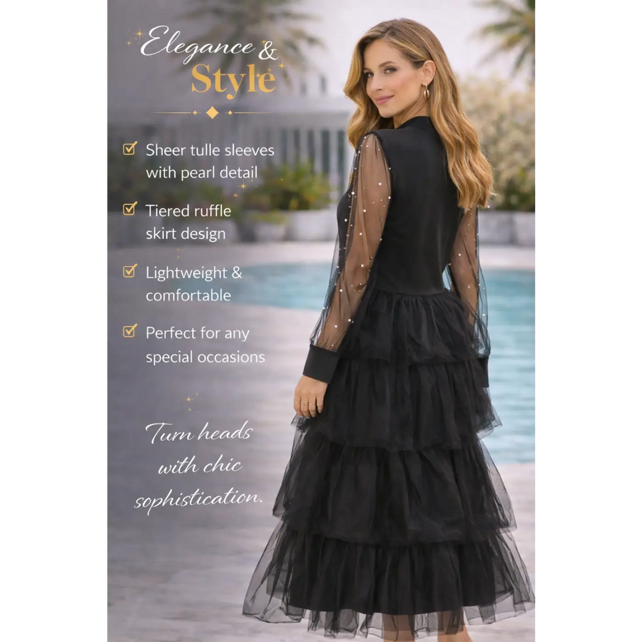 Black Pearl Sheer Sleeve Tiered Tulle Dress – Elegant Keyhole Midi Dress - Women’s Dress