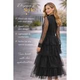 Black Pearl Sheer Sleeve Tiered Tulle Dress – Elegant Keyhole Midi Dress - Women’s Dress