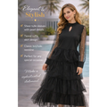 Black Pearl Sheer Sleeve Tiered Tulle Dress – Elegant Keyhole Midi Dress - Women’s Dress