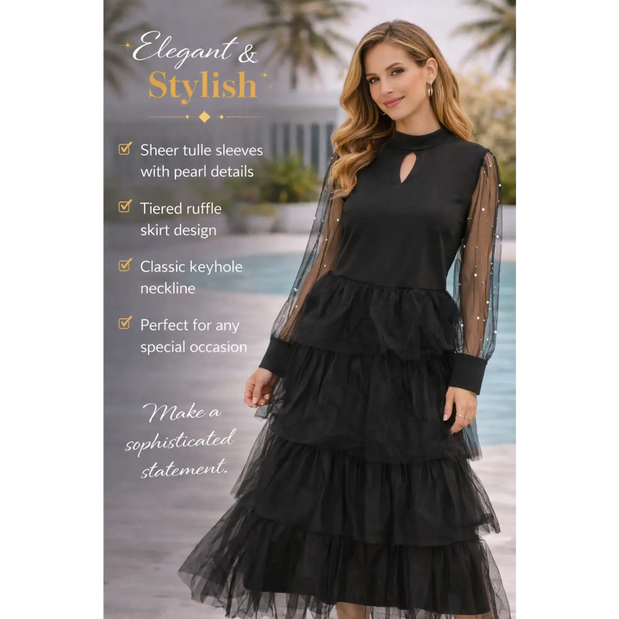 Black Pearl Sheer Sleeve Tiered Tulle Dress – Elegant Keyhole Midi Dress - Women’s Dress