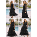Black Pearl Sheer Sleeve Tiered Tulle Dress – Elegant Keyhole Midi Dress - Women’s Dress