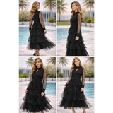 Black Pearl Sheer Sleeve Tiered Tulle Dress – Elegant Keyhole Midi Dress - Women’s Dress