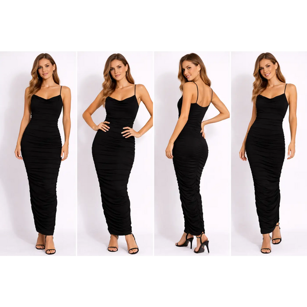 Black Ruched Bodycon Maxi Dress – Spaghetti Strap Slim Fit Dress - Women’s Dress