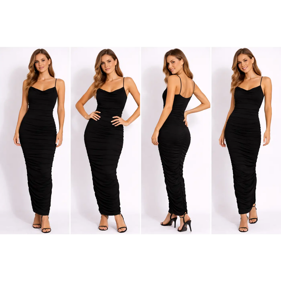 Black Ruched Bodycon Maxi Dress – Spaghetti Strap Slim Fit Dress - Women’s Dress