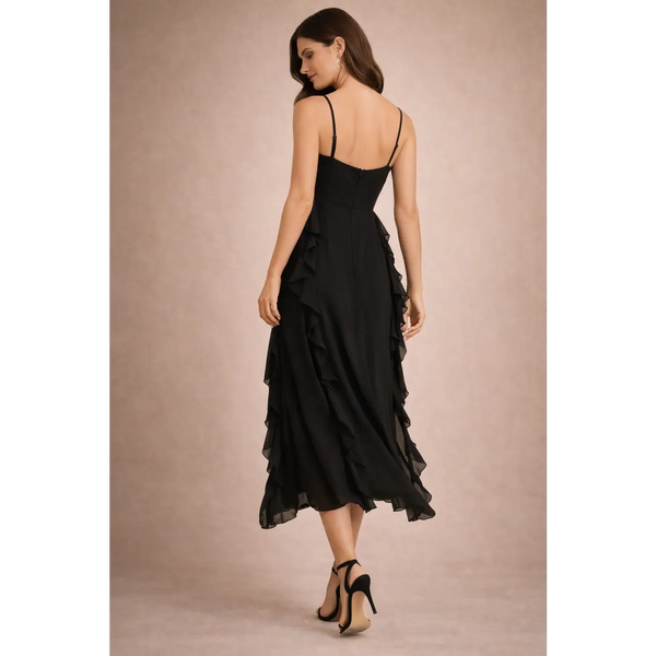 Black Ruffle Midi Dress – Elegant Spaghetti Strap Flowing Evening Dress - Women’s Dress