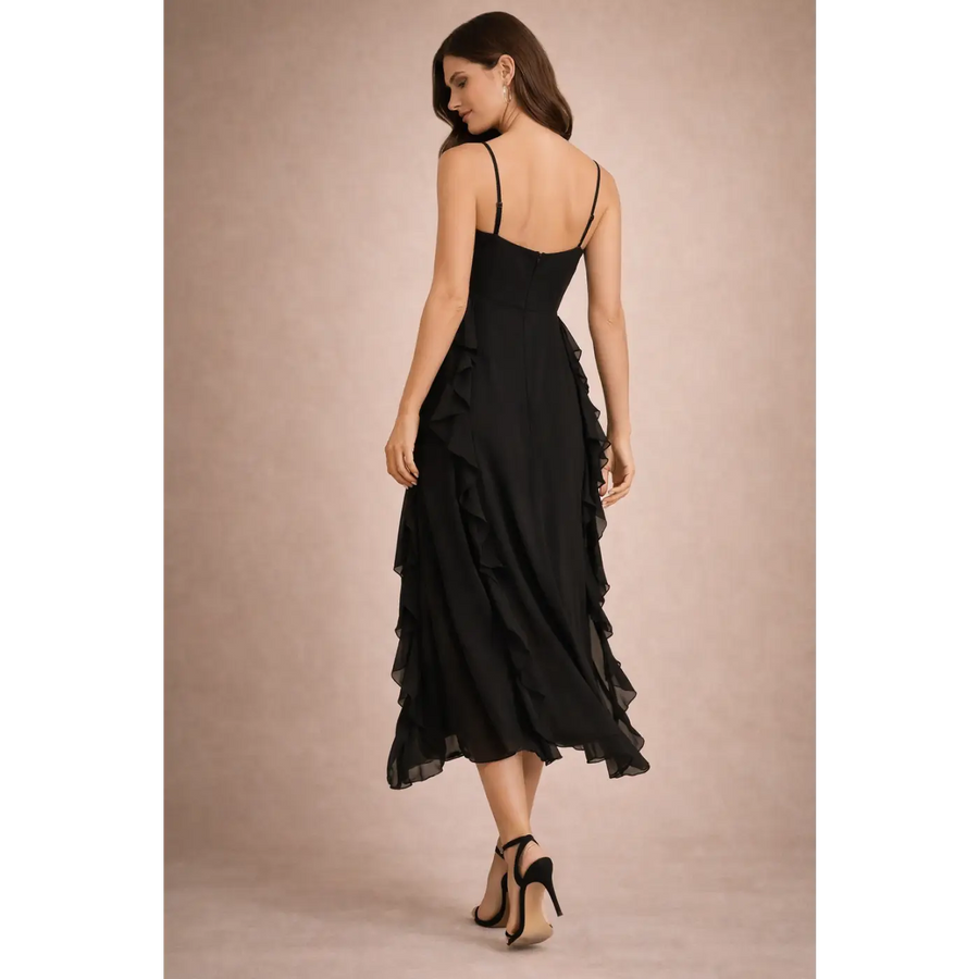 Black Ruffle Midi Dress – Elegant Spaghetti Strap Flowing Evening Dress - Women’s Dress