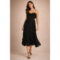 Black Ruffle Midi Dress – Elegant Spaghetti Strap Flowing Evening Dress - Women’s Dress
