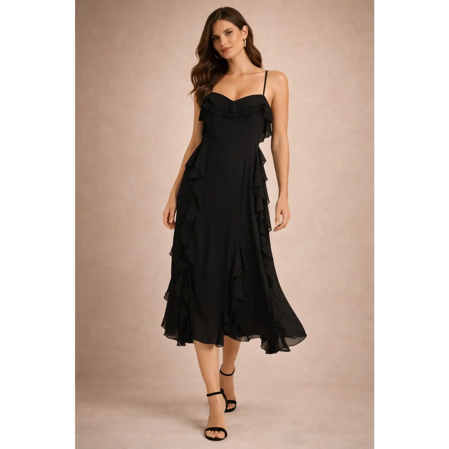 Black Ruffle Midi Dress – Elegant Spaghetti Strap Flowing Evening Dress - Women’s Dress