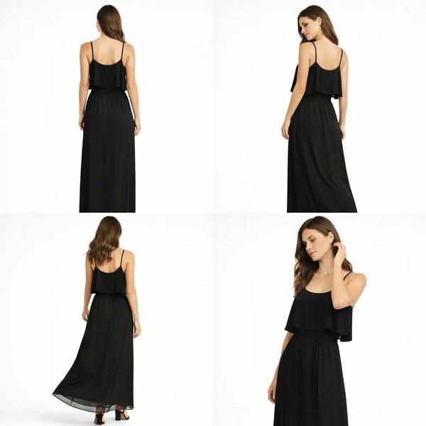 Black Spaghetti Strap Layered Maxi Dress – Flowy Elegant Summer Dress - Women’s Dress