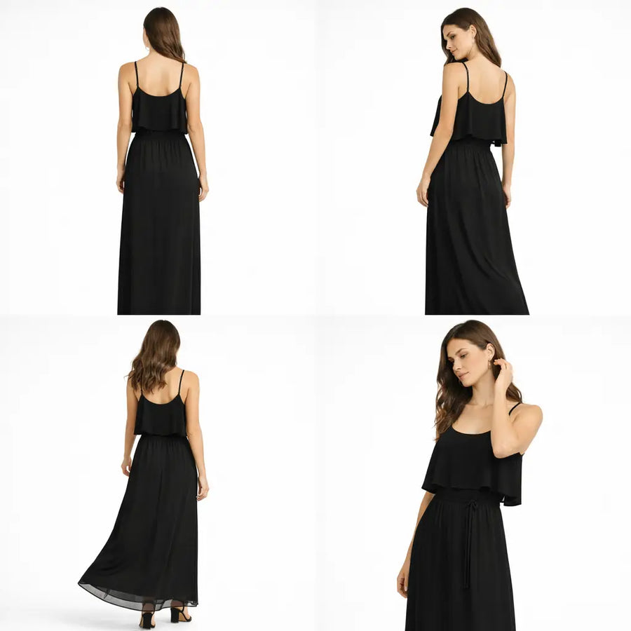 Black Spaghetti Strap Layered Maxi Dress – Flowy Elegant Summer Dress - Women’s Dress