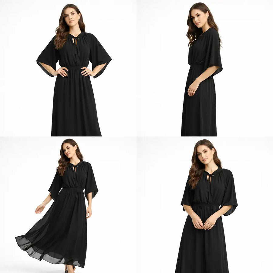 Black Tie-Neck Flutter Sleeve Maxi Dress – Elegant Flowing Evening Dress - Women’s Dress