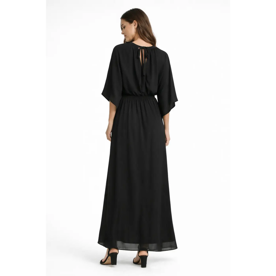 Black Tie-Neck Flutter Sleeve Maxi Dress – Elegant Flowing Evening Dress - Women’s Dress