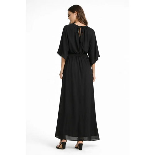 Black Tie-Neck Flutter Sleeve Maxi Dress – Elegant Flowing Evening Dress - Women’s Dress