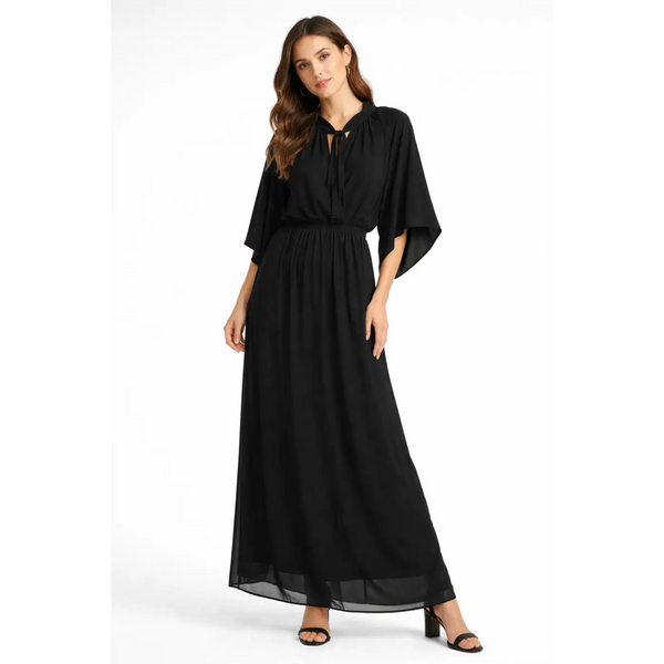 Black Tie-Neck Flutter Sleeve Maxi Dress – Elegant Flowing Evening Dress - Women’s Dress