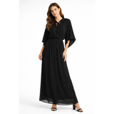 Black Tie-Neck Flutter Sleeve Maxi Dress – Elegant Flowing Evening Dress - Women’s Dress