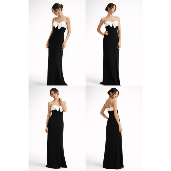 Black & White Bow Maxi Dress – Elegant Contrast Evening Gown - Women’s Dress