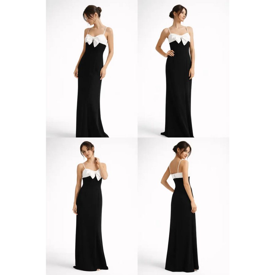 Black & White Bow Maxi Dress – Elegant Contrast Evening Gown - Women’s Dress